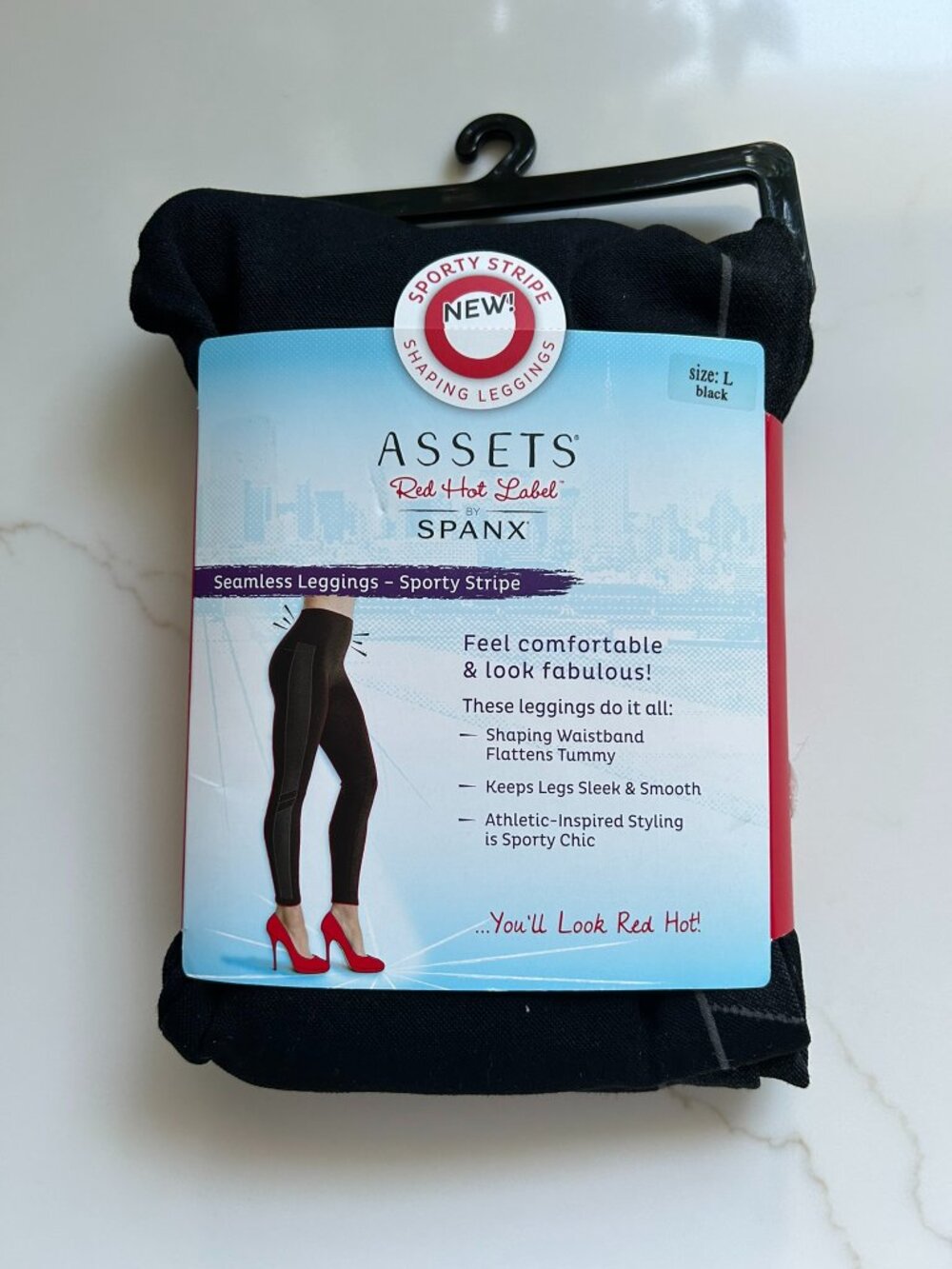 ASSETS Red Hot Label by SPANX Black Sporty Stripe Seamless Leggings LARGE NWT